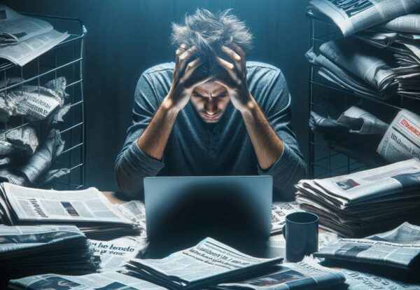 DALL·E 2024-02-26 20.47.58 - A person sitting at a desk, surrounded by newspapers with negative headlines, looking stressed and overwhelmed. The room is dark and cluttered, symbol