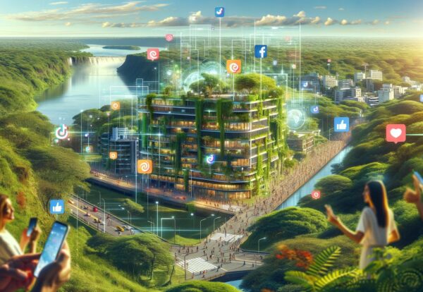 DALL·E 2024-05-05 13.23.02 - A harmonious blend of modern digital technology and the natural beauty of Paraguay in 2024. The image should depict a lush, green landscape typical of