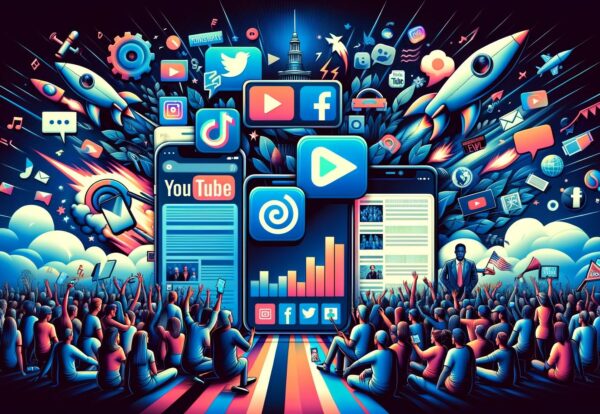 DALL·E 2024-06-02 13.51.49 - An illustration showing various digital content formats on different platforms amidst a backdrop of a polarized society. The image includes a smartpho